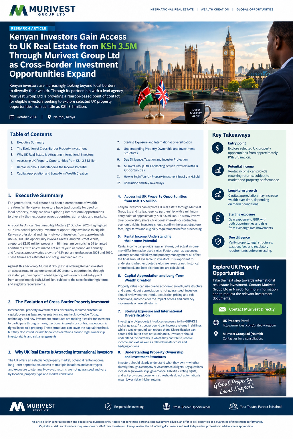 Kenyan Investors Gain Access to UK Real Estate from KSh 3.5M Through Murivest Group Ltd as Cross-Border Investment Opportunities Expand